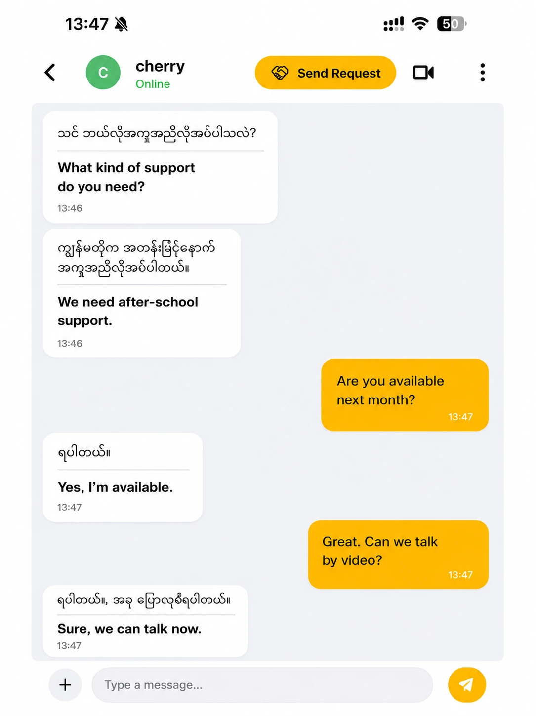 In-app translated chat (English ↔ Myanmar)